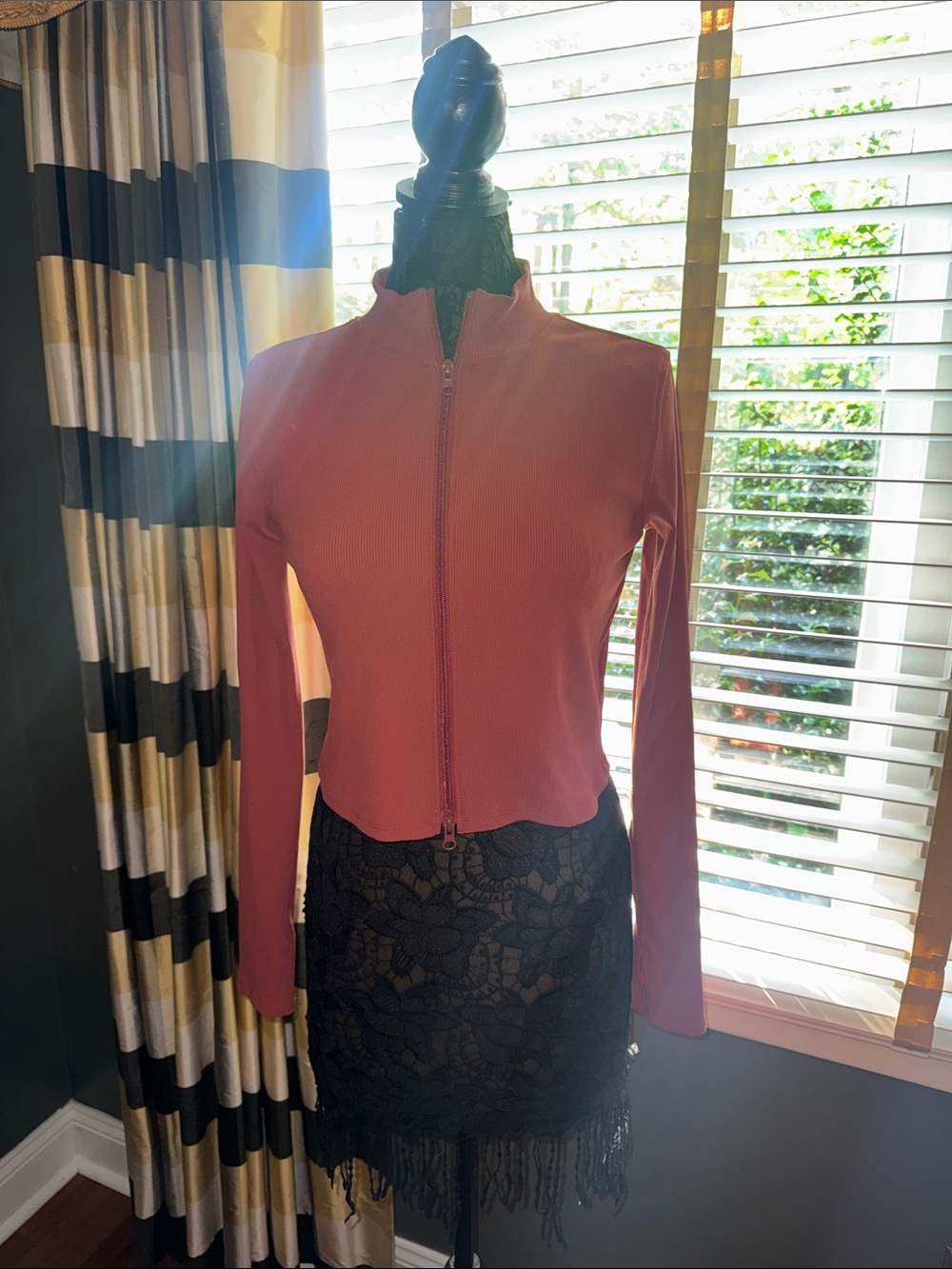 bp Ribbed Crewneck Long Sleeve Zip Top in Coral